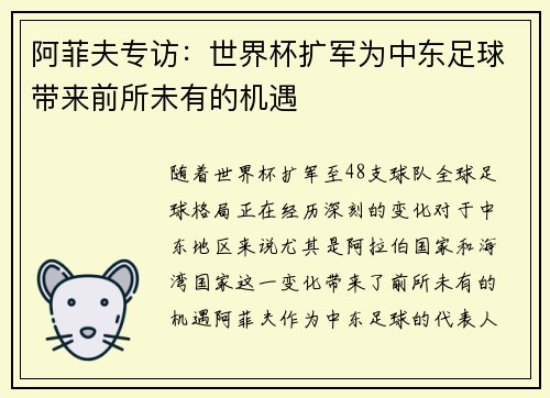 阿菲夫专访:世界杯扩军为中东足球带来前所未有的机遇 阿菲夫专访:世界杯扩军为中东足球带来前所未有的机遇